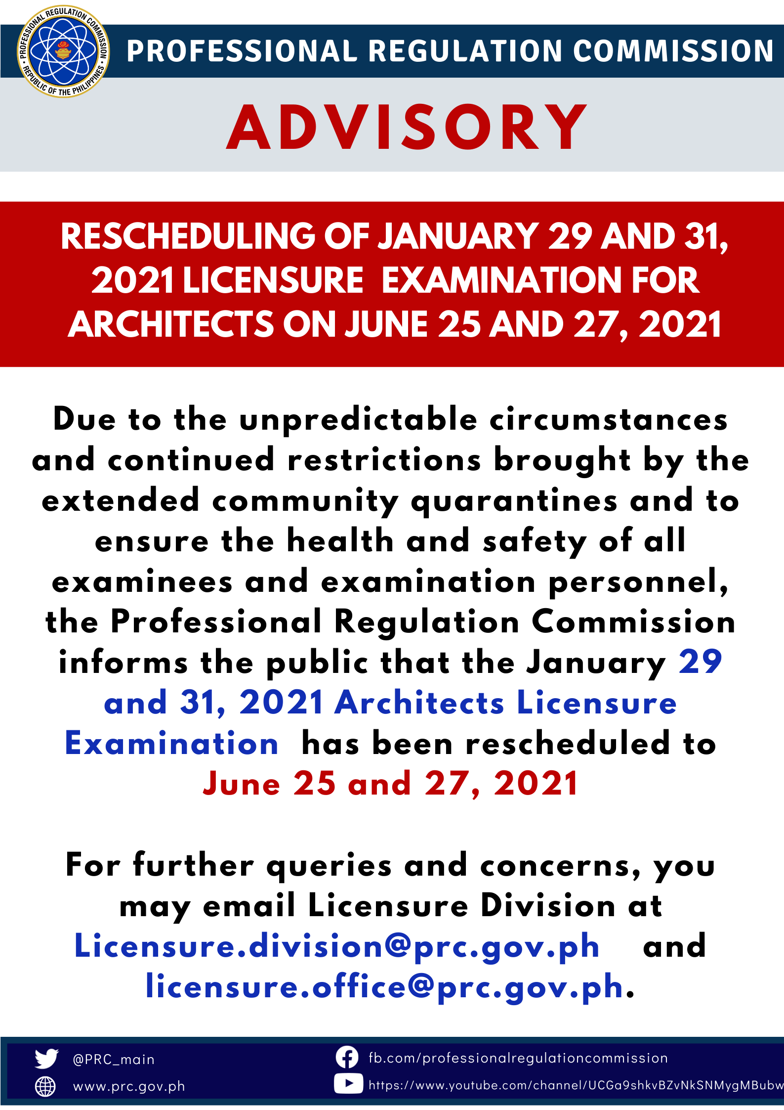 Rescheduling of January 29 and 31, 2021 Licensure Examination for